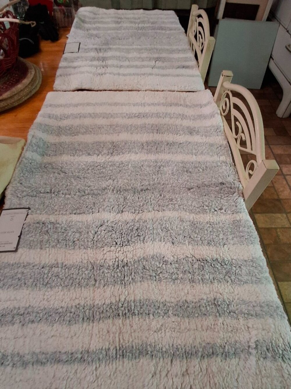 Two 20 x 32 Threshold Gray/Blue & White Stripe Bath Bathroom Rugs NWT